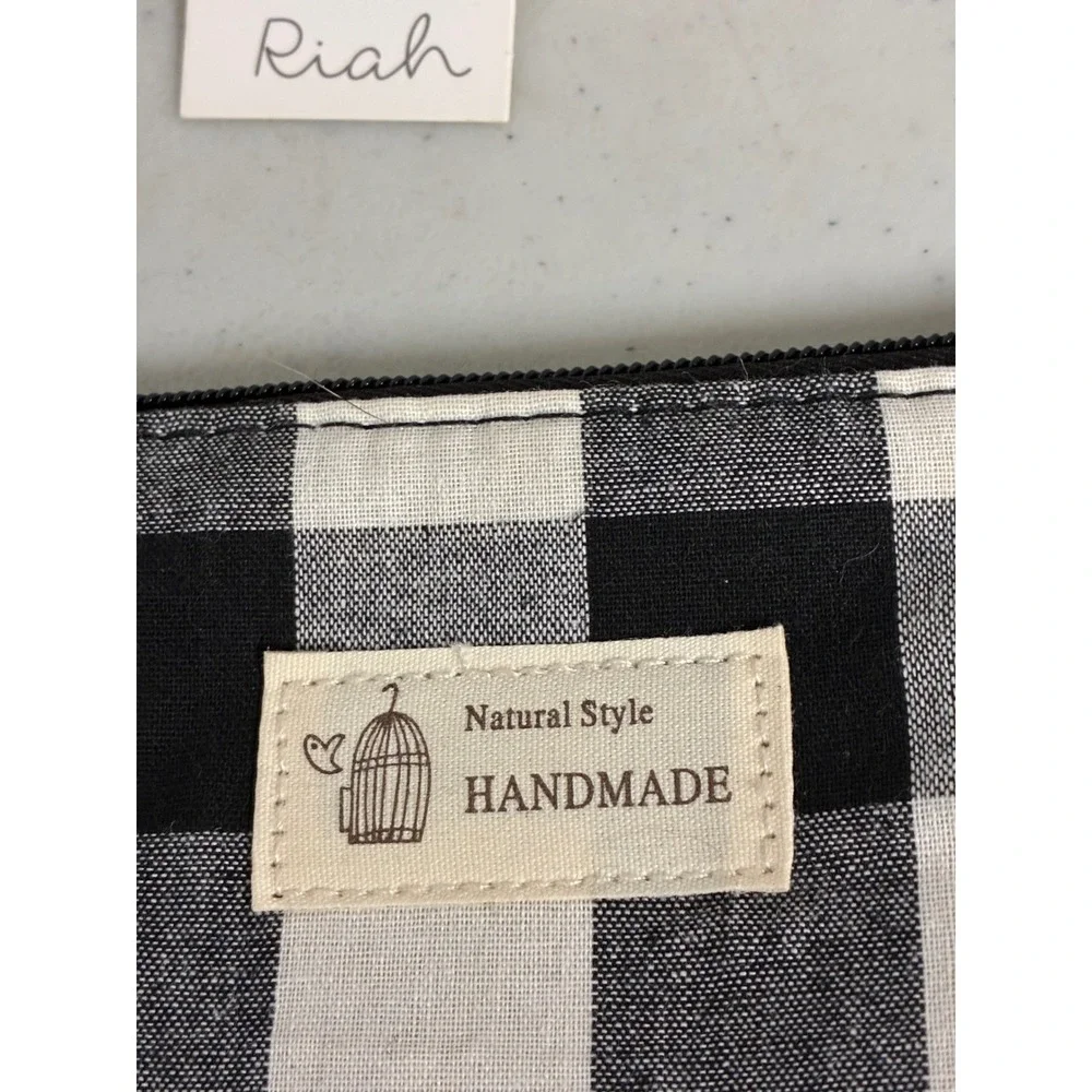 Design by Riah Handmade Buffalo Plaid Canvas Pouch‎ Black White Zipper Bag new